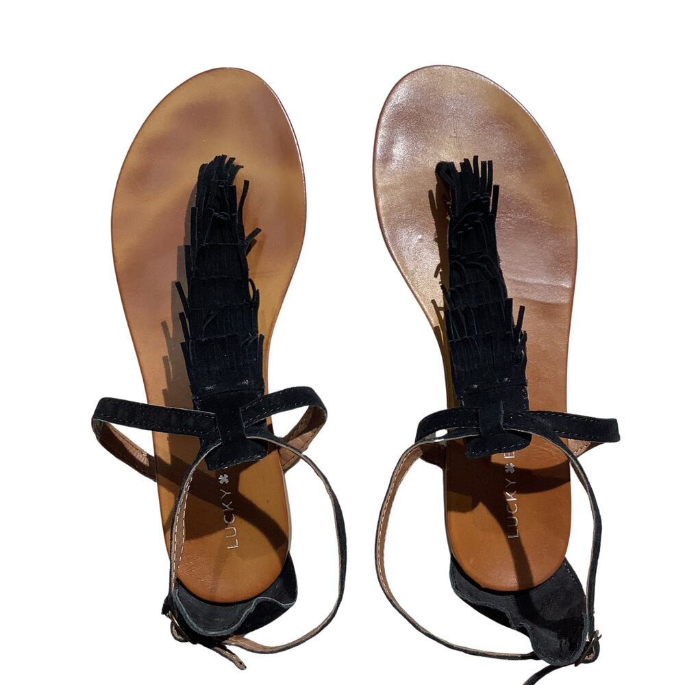 Lucky Brand Wekka Fringe Flat Sandals Women Size 8.5M— Boho, Festival, Summer